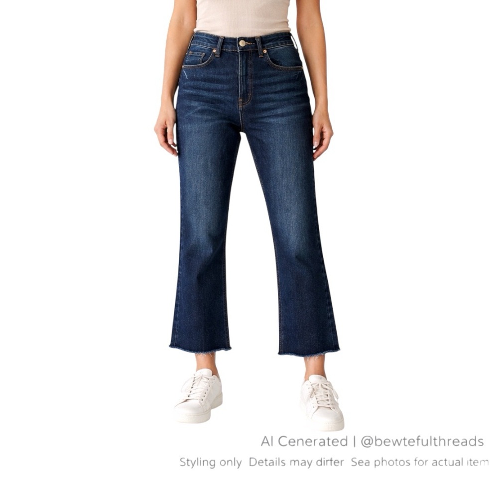 ZARA Dreed Flare Cropped Jeans US 12 Raw Hem Button Fly Dark Wash